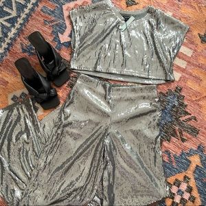 Evenuel Sequin Crop Top Wide Leg Pants 